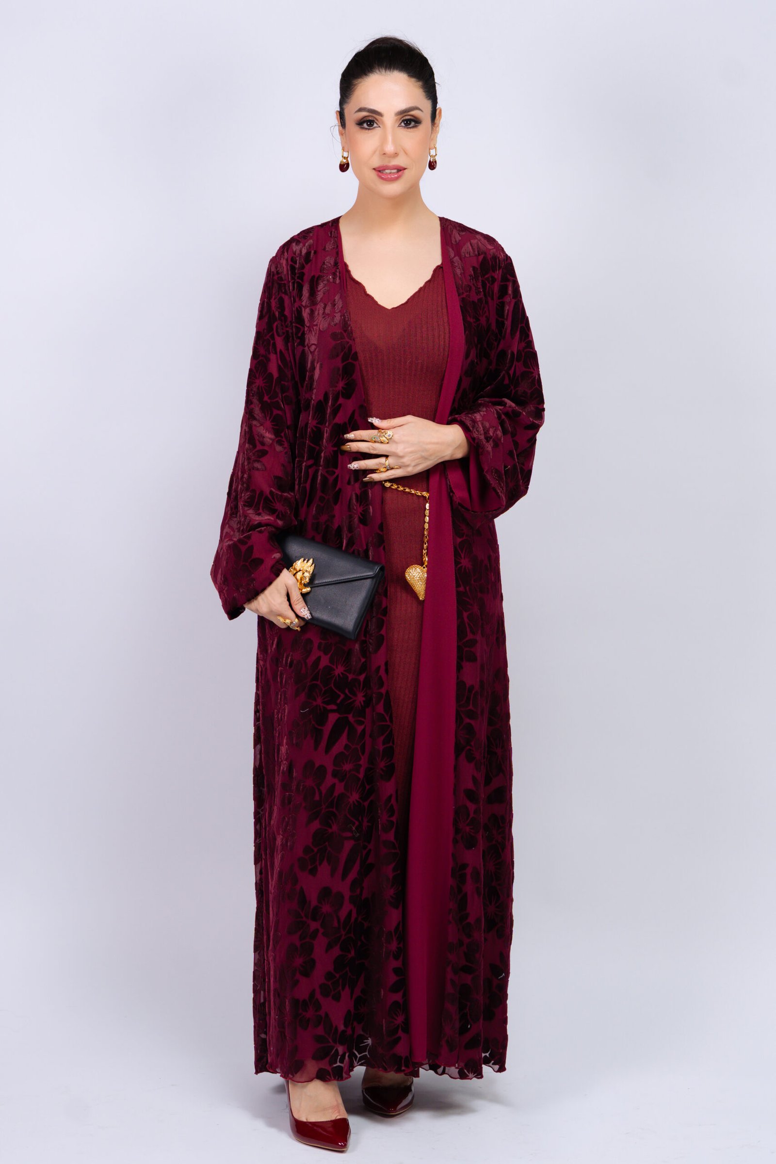 Burgundy-Velvet-Bloom-Abaya-01-Main Burgundy Velvet Bloom Abaya – MS64 - Image 1