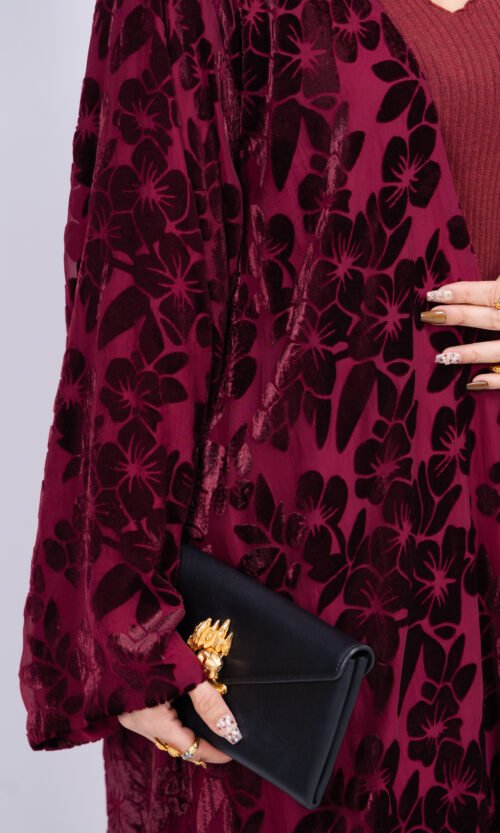 Burgundy Velvet Bloom Abaya – MS64 - Image 3