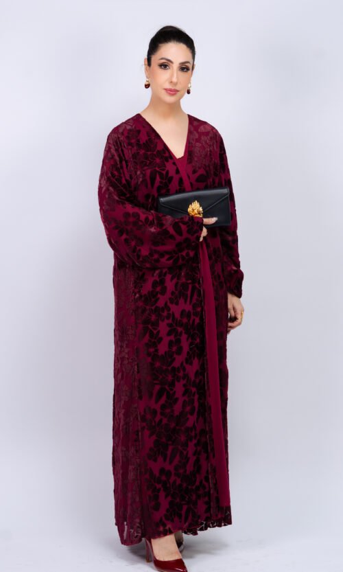 Burgundy Velvet Bloom Abaya – MS64 - Image 4