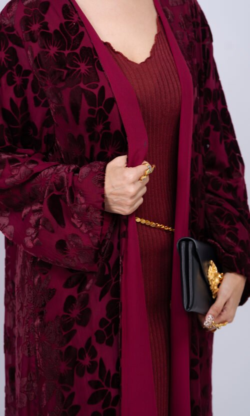 Burgundy Velvet Bloom Abaya – MS64 - Image 7