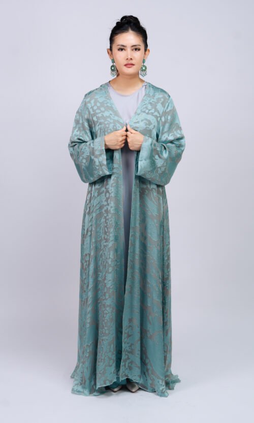 Teal Silver Brocade Abaya – MS61 - Image 5